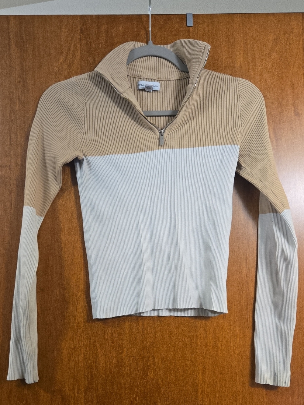 Calvin Klein Jeans Cream and Tan Quarter-Zip Ribbed Sweater- Size XS